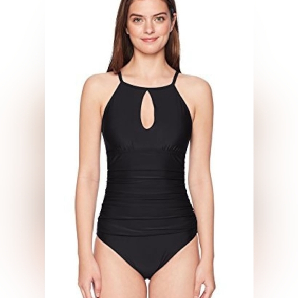 Ellen Tracy Black  One Piece Swimsuit with Keyhole Detail and Ruching Size 12 - Picture 1 of 10